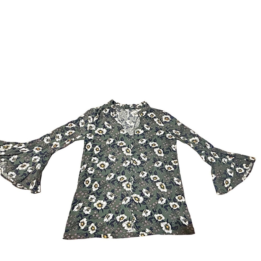 Free People Boho Floral Bell Sleeve XS Green Daisy Print Tunic Peasant Blouse - Picture 2 of 9